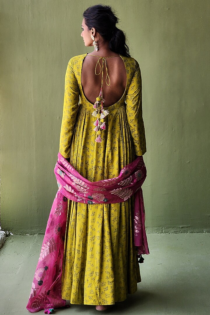 Mehendi Green Silk Pearl Embroidered & Floral Printed Party Wear Anarkali Set by Pooja Singhal at Pernia's Pop Up Shop
