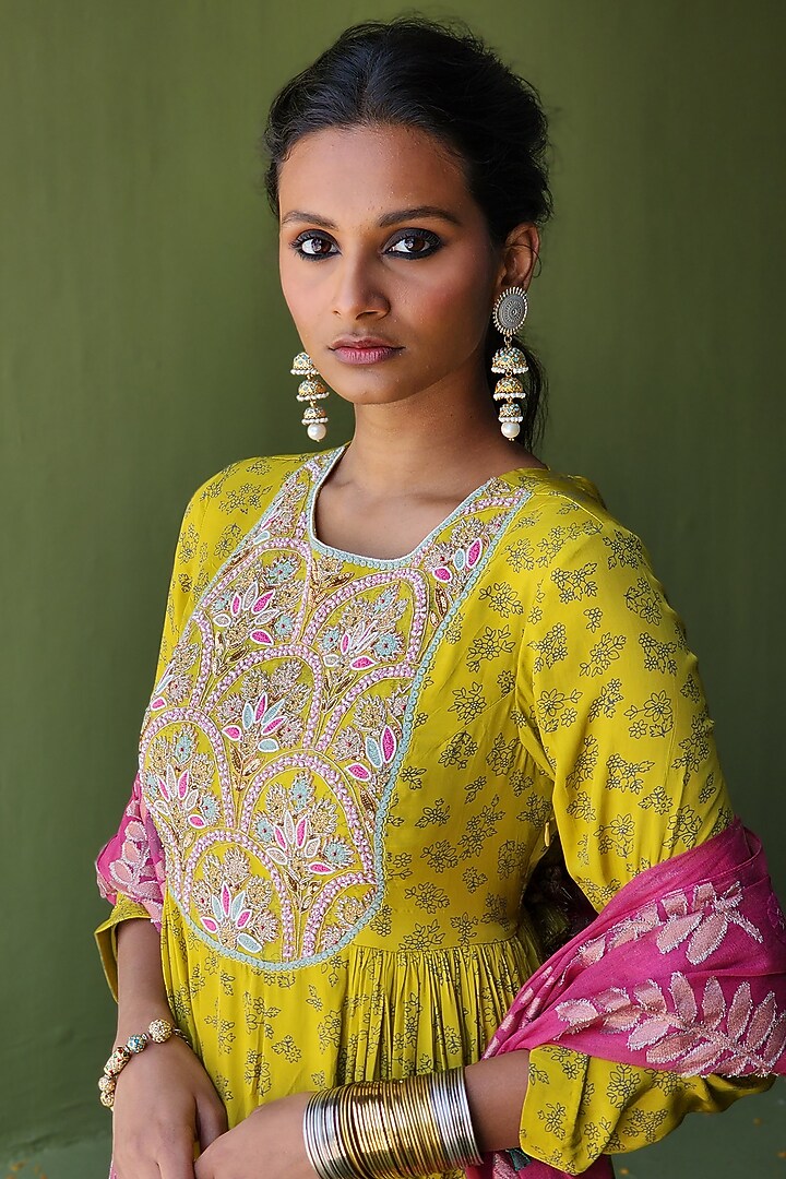 Mehendi Green Silk Pearl Embroidered & Floral Printed Party Wear Anarkali Set by Pooja Singhal at Pernia's Pop Up Shop