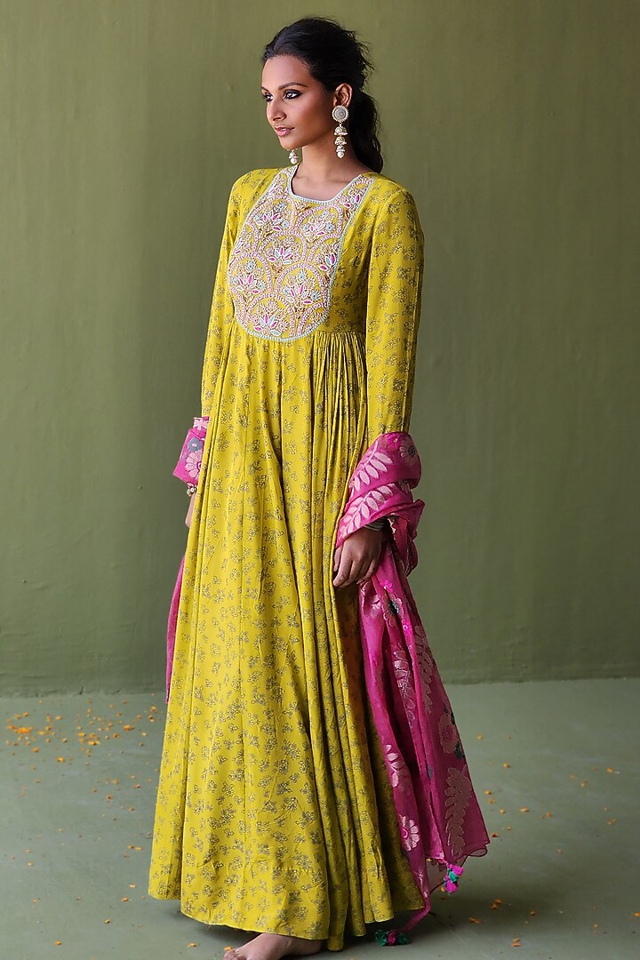 Mehendi Green Silk Pearl Embroidered & Floral Printed Party Wear Anarkali Set by Pooja Singhal at Pernia's Pop Up Shop
