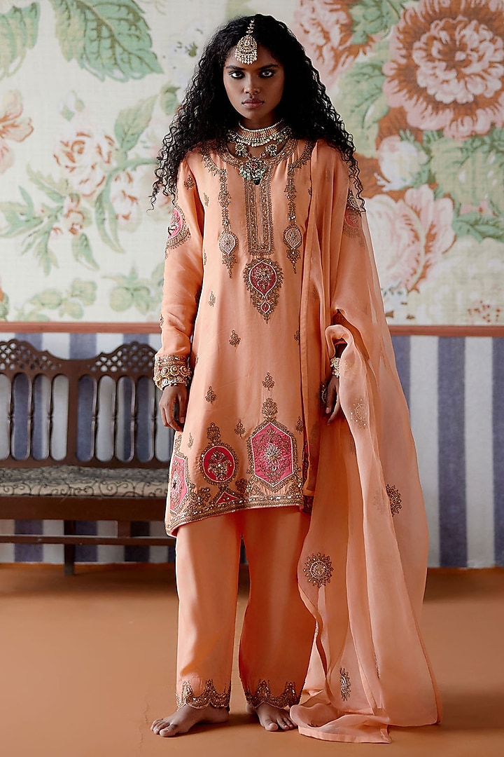 Peach Silk Marori Embroidered Kurta Set by Pooja Singhal at Pernia's Pop Up Shop