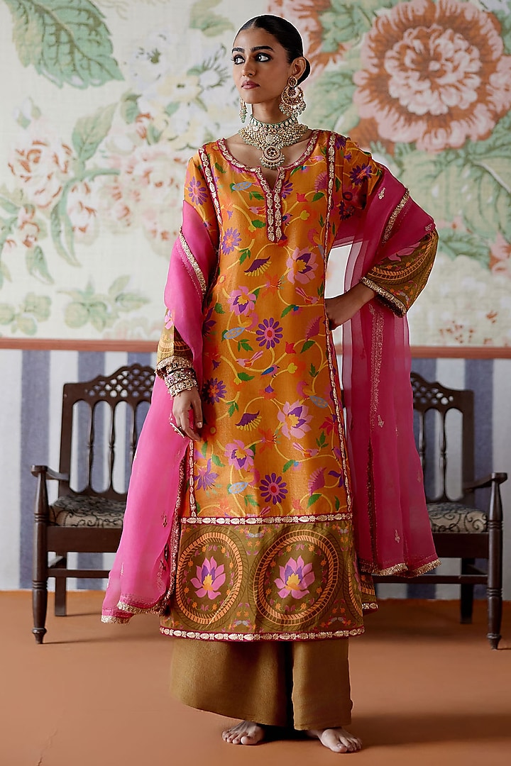 Orange Tissue Marori Embroidered & Printed Kurta Set by Pooja Singhal at Pernia's Pop Up Shop