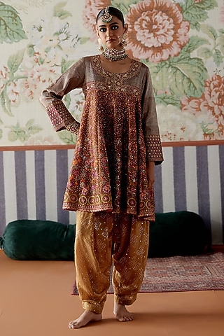 Maroon-Brown Tissue & Chanderi Marori Embroidered Anarkali Set by Pooja Singhal