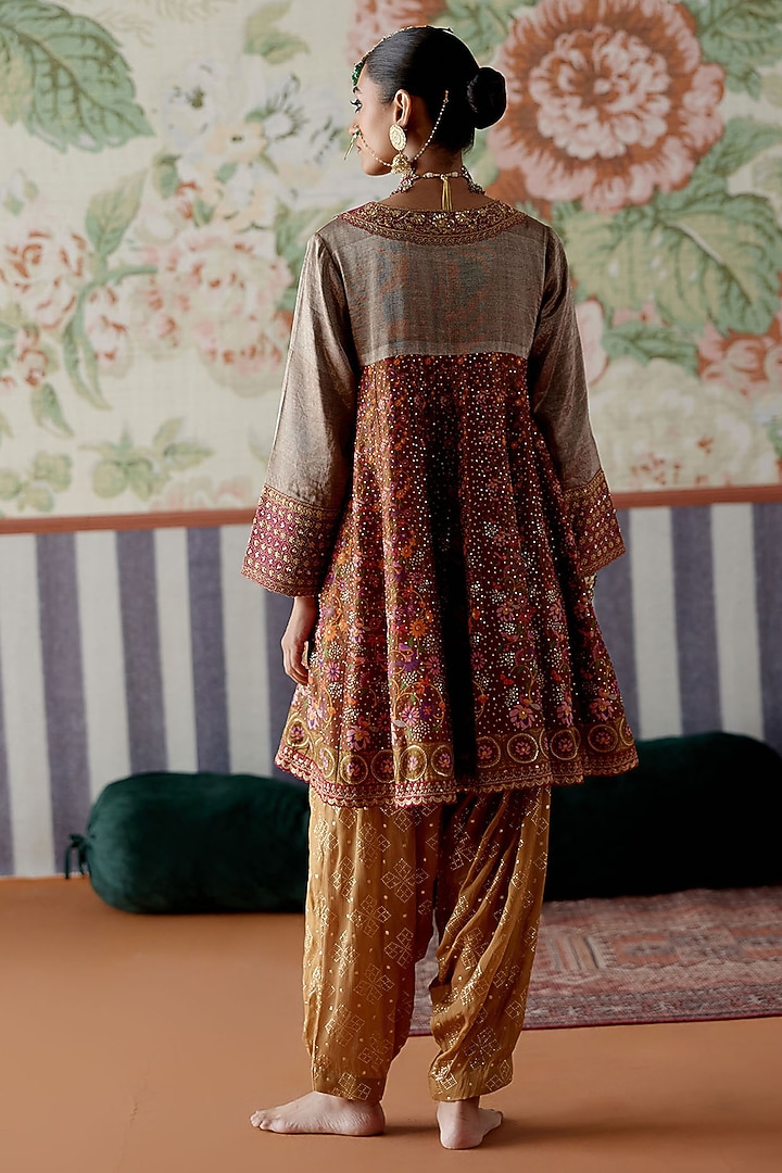 Maroon-Brown Tissue & Chanderi Marori Embroidered Wedding Anarkali Set by Pooja Singhal at Pernia's Pop Up Shop