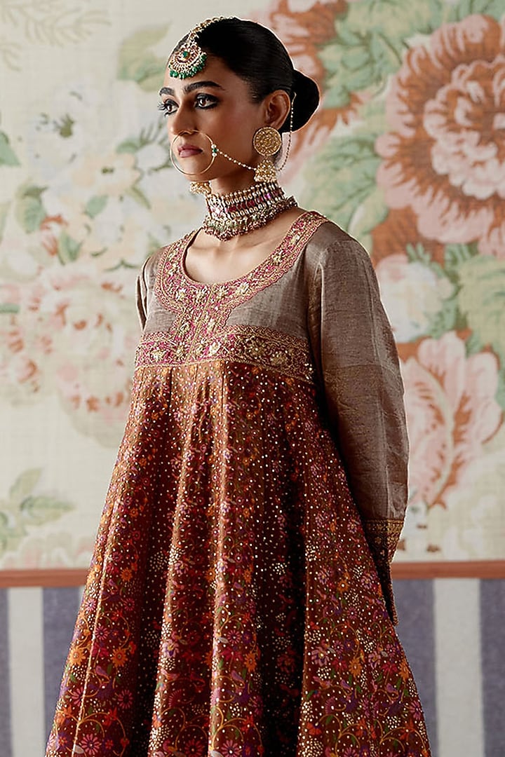 Maroon-Brown Tissue & Chanderi Marori Embroidered Wedding Anarkali Set by Pooja Singhal at Pernia's Pop Up Shop