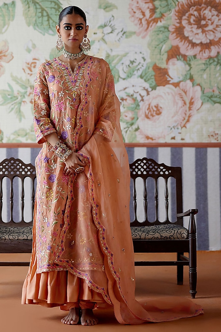 Peach Handwoven Banarasi Tissue Thread Embroidered Kurta Set by Pooja Singhal at Pernia's Pop Up Shop