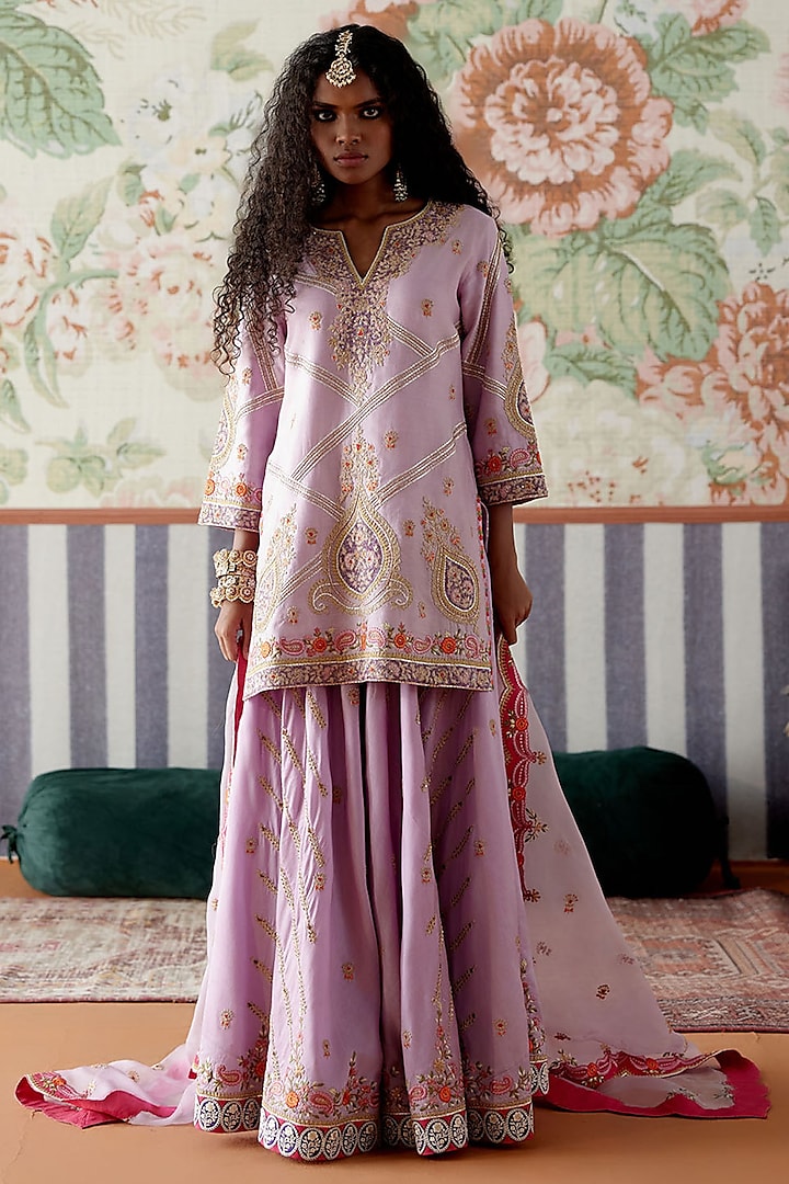 Lavender Chanderi Embroidered Sharara Set by Pooja Singhal at Pernia's Pop Up Shop