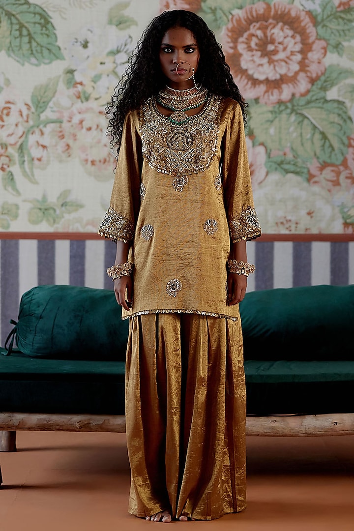 Gold Tissue Marori Embroidered Kurta Set by Pooja Singhal