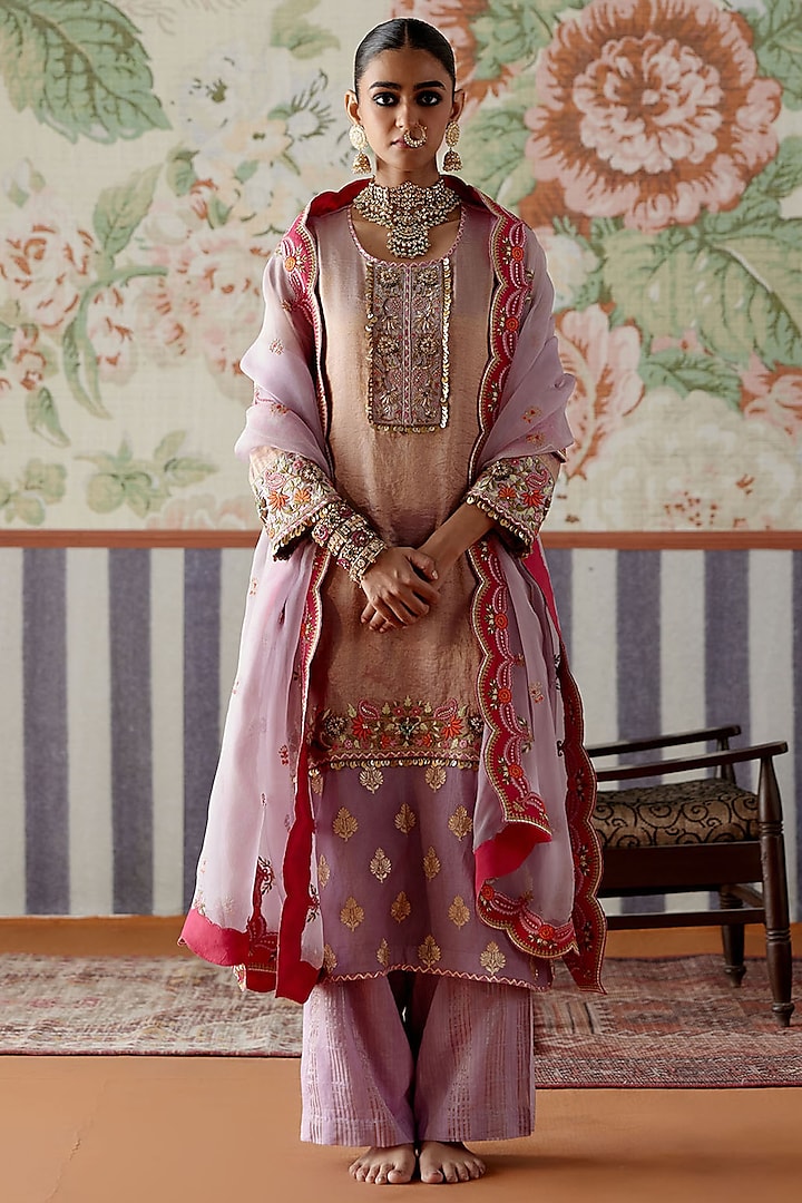 Lavender Tissue & Banarasi Chanderi Embroidered Kurta Set by Pooja Singhal at Pernia's Pop Up Shop