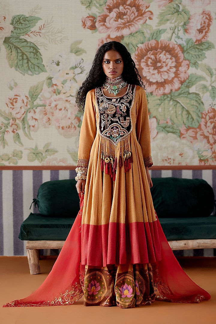 Orange Handwoven Tissue Banarasi Sequins Embroidered Anarkali Set by Pooja Singhal at Pernia's Pop Up Shop