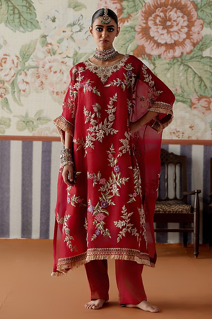 Maroon Organza Sequins Embroidered Kaftan Set by Pooja Singhal at Pernia's Pop Up Shop