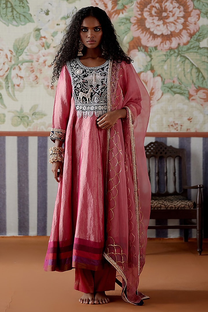 Pink Handwoven Tissue Banarasi Pearl Embroidered Anarkali Set by Pooja Singhal at Pernia's Pop Up Shop