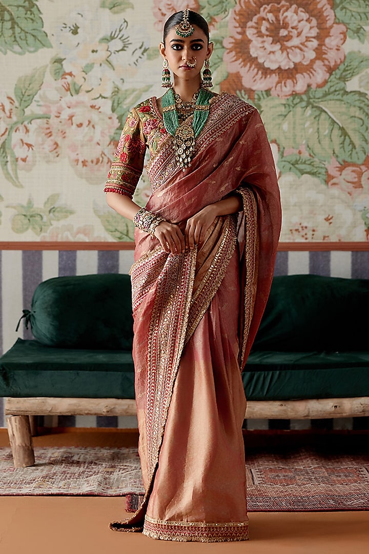 Maroon Handwoven Tissue Banarasi Marori Embroidered Saree Set by Pooja Singhal at Pernia's Pop Up Shop