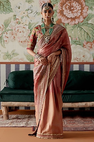 Maroon Handwoven Tissue Banarasi Marori Embroidered Saree Set by Pooja Singhal