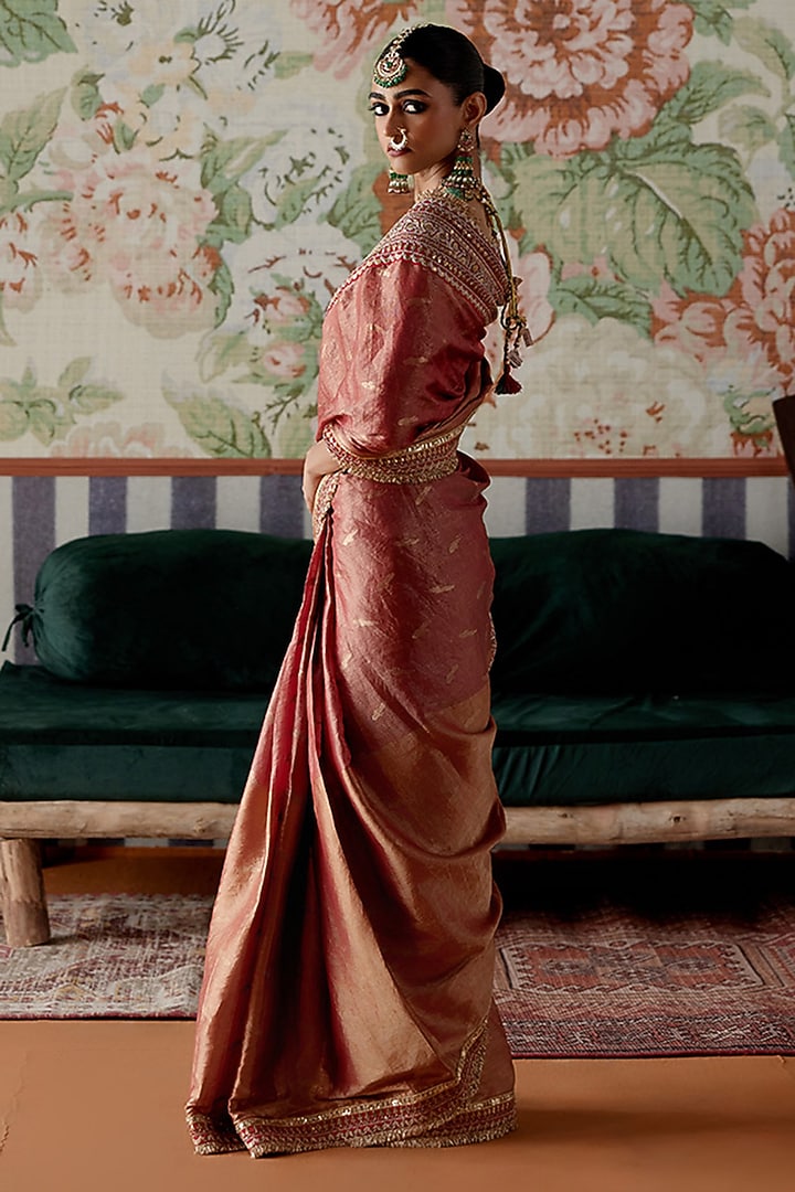 Maroon Handwoven Tissue Banarasi Marori Embroidered Wedding Saree Set by Pooja Singhal at Pernia's Pop Up Shop
