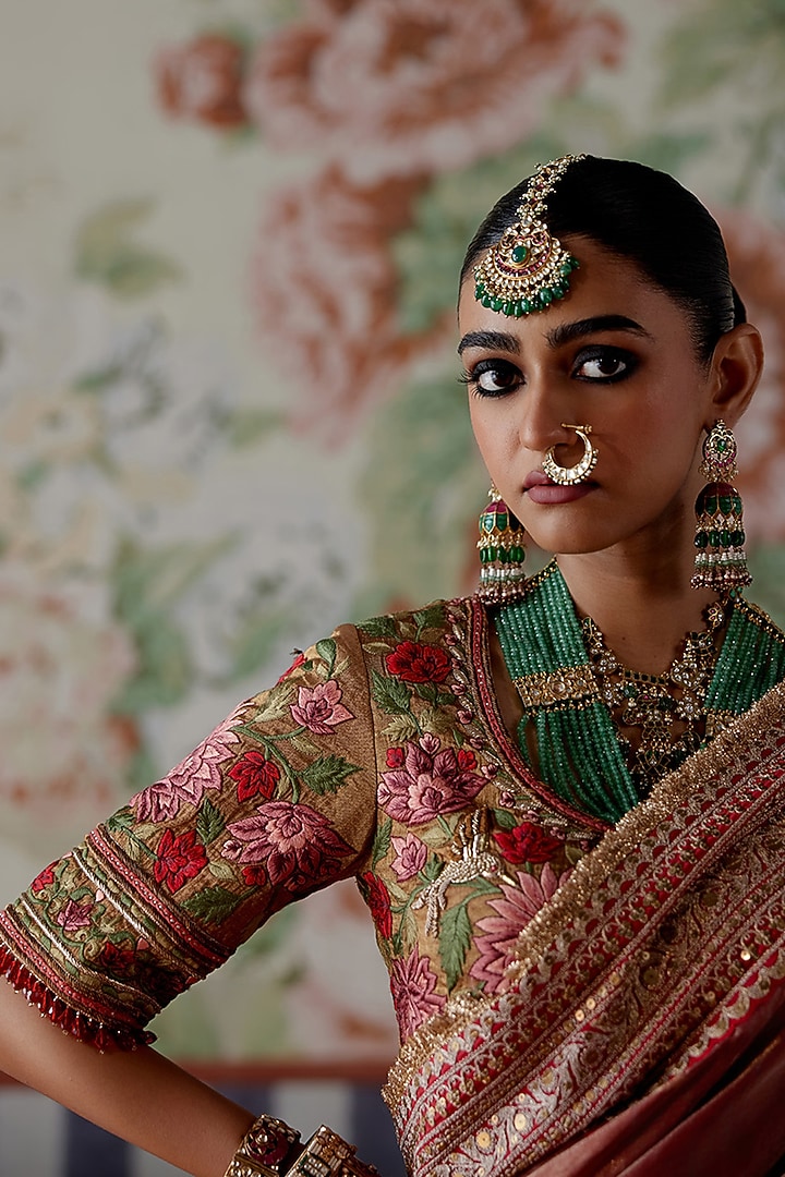 Maroon Handwoven Tissue Banarasi Marori Embroidered Wedding Saree Set by Pooja Singhal at Pernia's Pop Up Shop