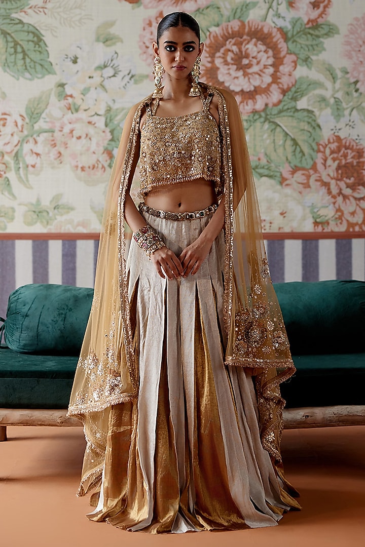 Silver & Gold Handwoven Tissue Banarasi Embroidered Wedding Lehenga Set by Pooja Singhal at Pernia's Pop Up Shop