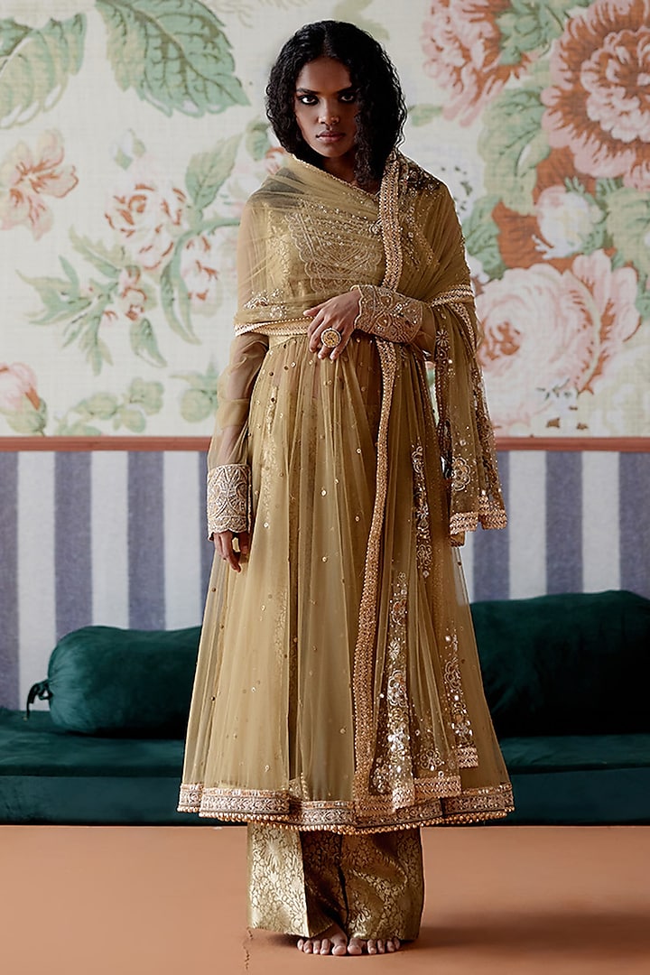 Olive Green Net Gota & Sequins Embroidered Anarkali Set by Pooja Singhal at Pernia's Pop Up Shop