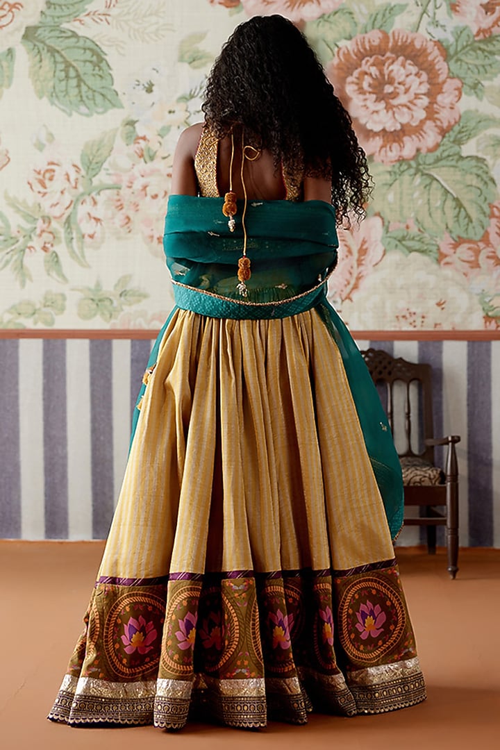 Yellow Gold Handwoven Tissue Banarasi Paithani Printed Wedding Lehenga Set by Pooja Singhal at Pernia's Pop Up Shop