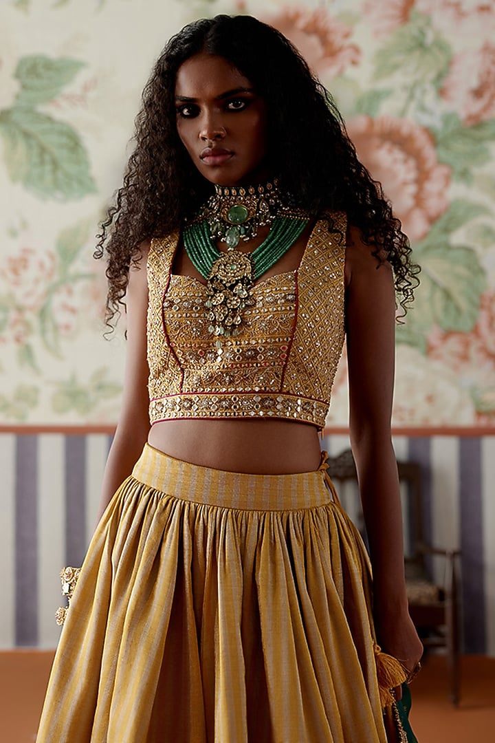 Yellow Gold Handwoven Tissue Banarasi Paithani Printed Wedding Lehenga Set by Pooja Singhal at Pernia's Pop Up Shop