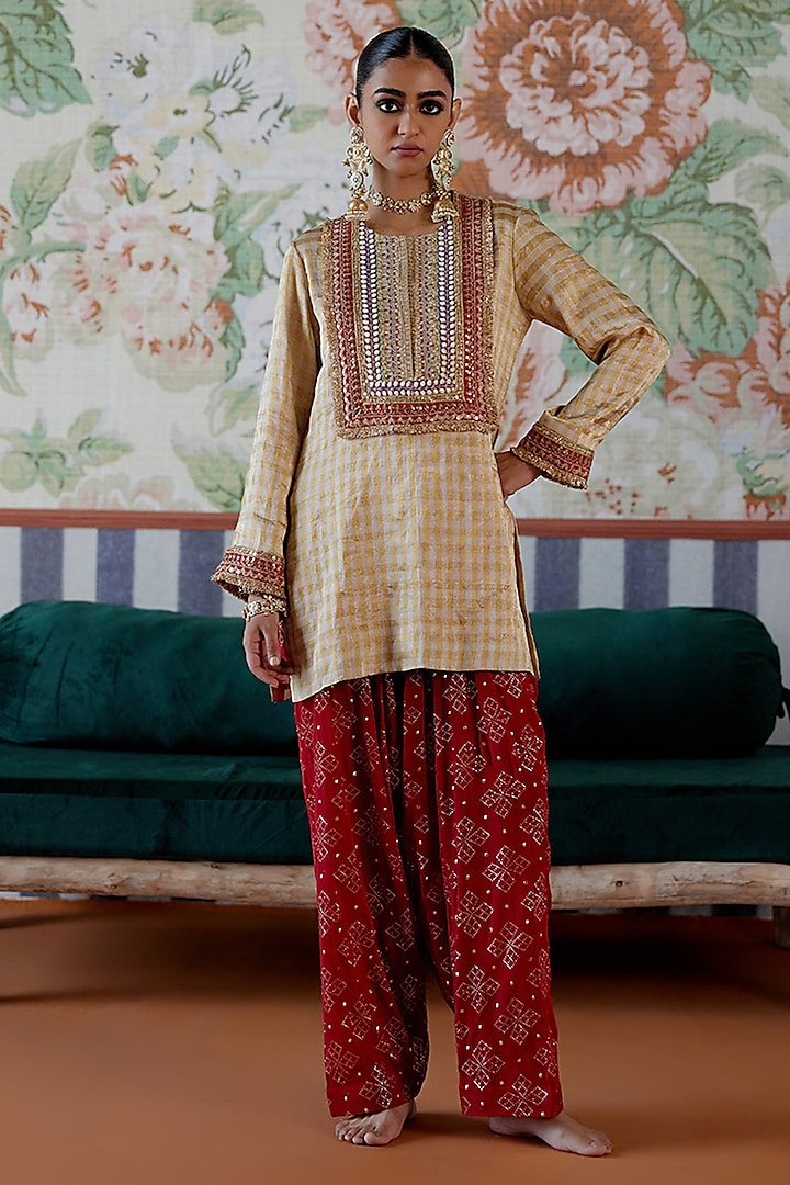 Gold Tissue Marori Embroidered Kurta Set by Pooja Singhal at Pernia's Pop Up Shop