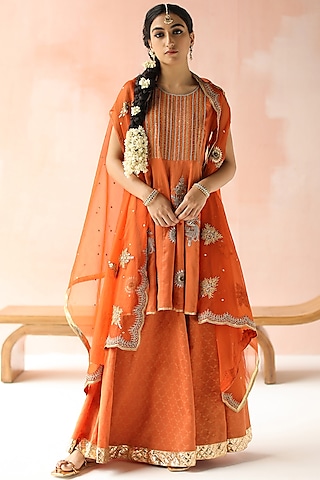 Orange Hand Embroidered & Printed Kurta Set by Pooja singhal
