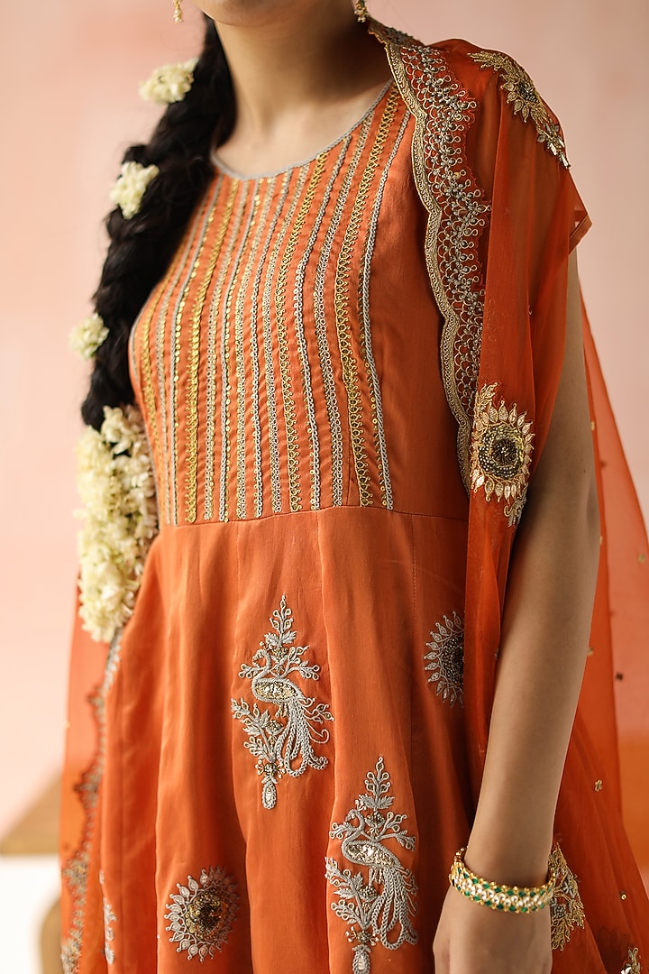 Orange Hand Embroidered & Printed Kurta Set by Pooja singhal at Pernia's Pop Up Shop