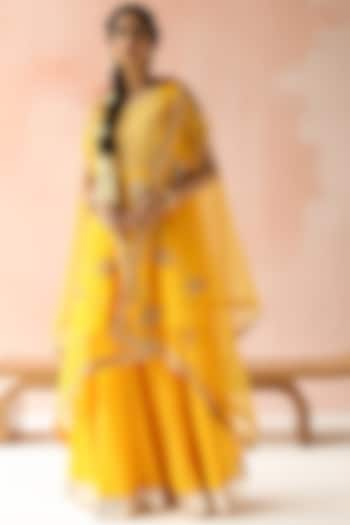 Yellow Hand Embroidered & Printed Kurta Set by Pooja singhal