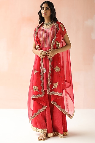 Cherry Red Hand Embroidered & Printed Kurta Set by Pooja singhal