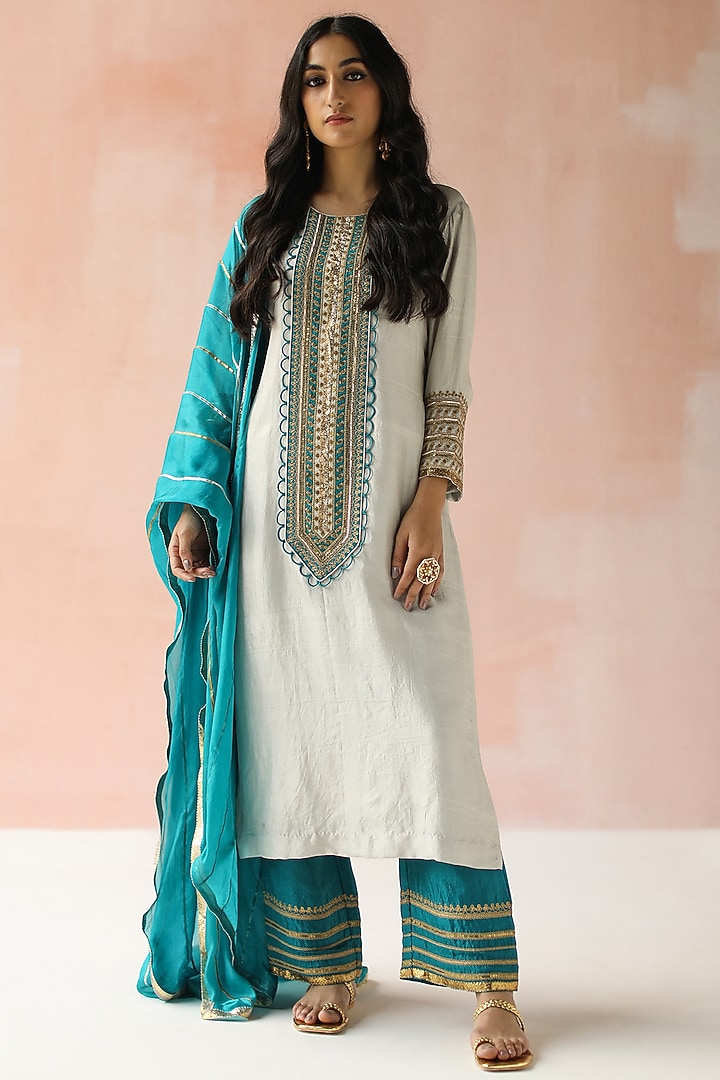 Light Grey Embroidered Kurta Only