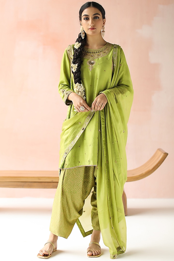 Lime Green Hand Embroidered & Printed Kurta Set by Pooja singhal