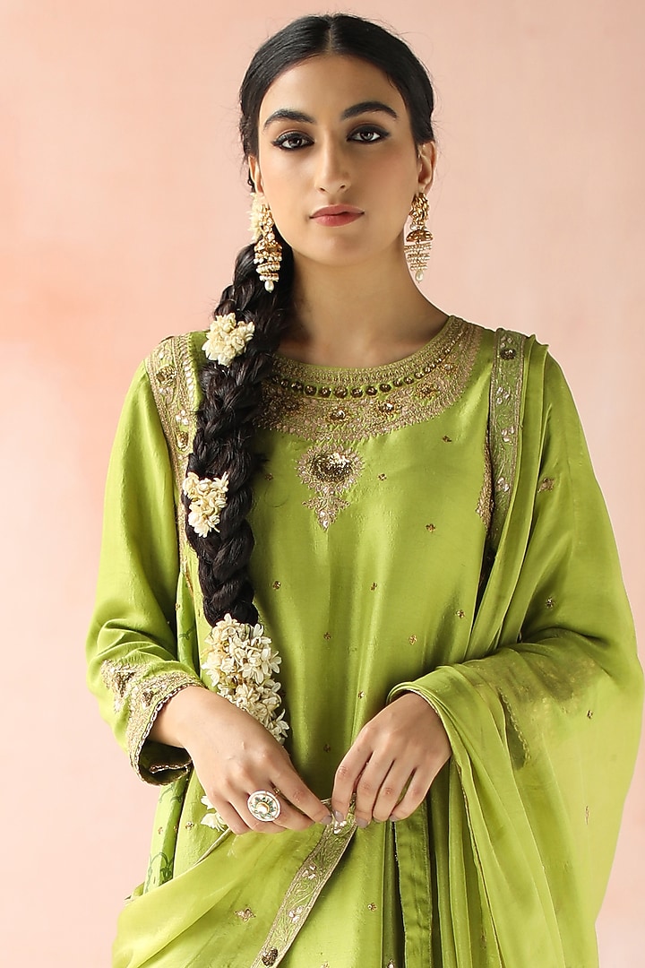 Lime Green Hand Embroidered & Printed Kurta Set by Pooja singhal at Pernia's Pop Up Shop