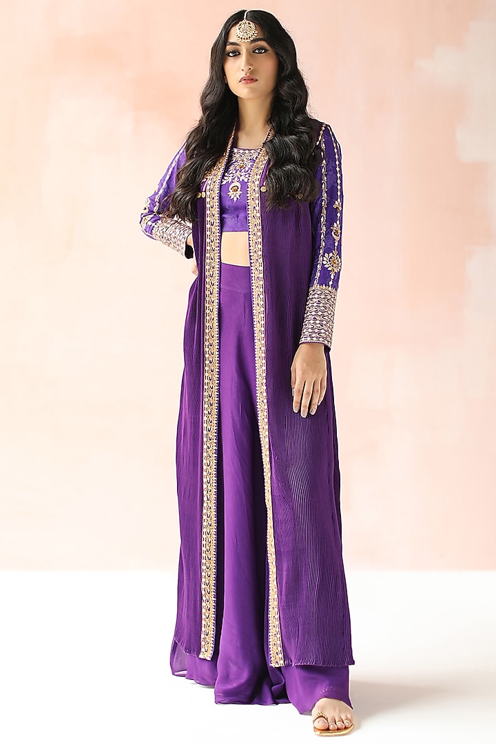 Purple Hand Embroidered & Printed Pant Set With Jacket by Pooja singhal