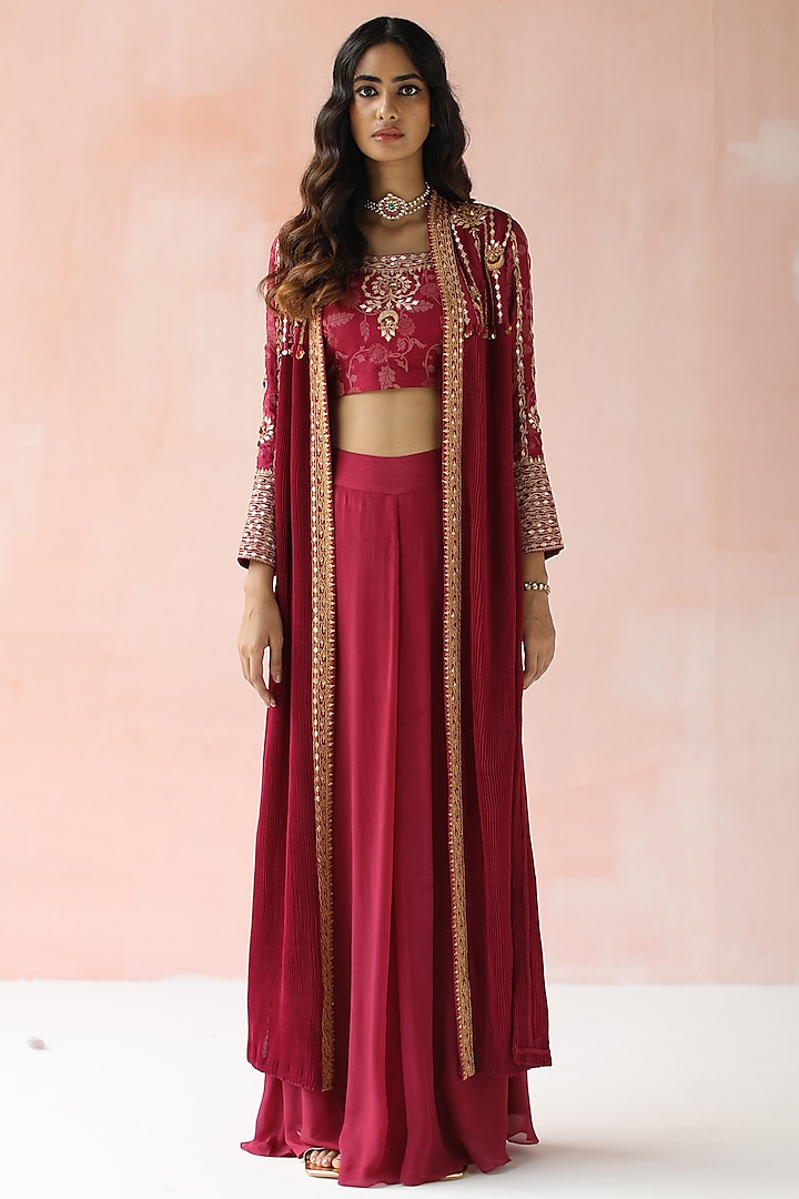 Maroon Hand Embroidered & Printed Pant Set With Jacket by Pooja singhal