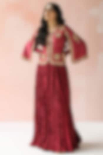 Maroon Hand Embroidered Skirt Set by Pooja singhal at Pernia's Pop Up Shop