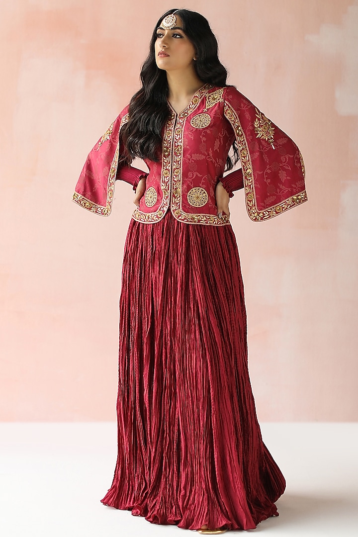 Maroon Hand Embroidered Skirt Set by Pooja singhal