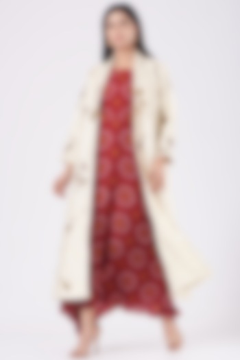 Red Cowl Dress With Embroidered Jacket by Pooja singhal