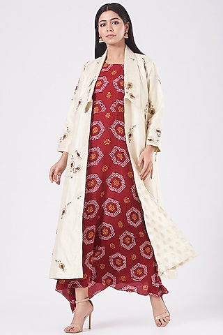 Red Cowl Dress With Embroidered Jacket by Pooja singhal