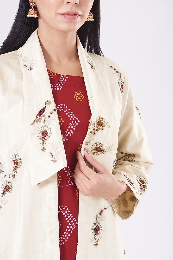 Red Cowl Cocktail Dress With Embroidered Jacket by Pooja singhal at Pernia's Pop Up Shop