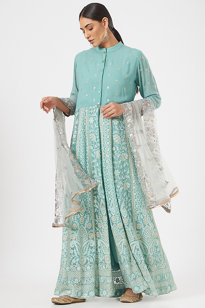 Ice Blue Embroidered Front-Open Jacket Set by Poshak apparels