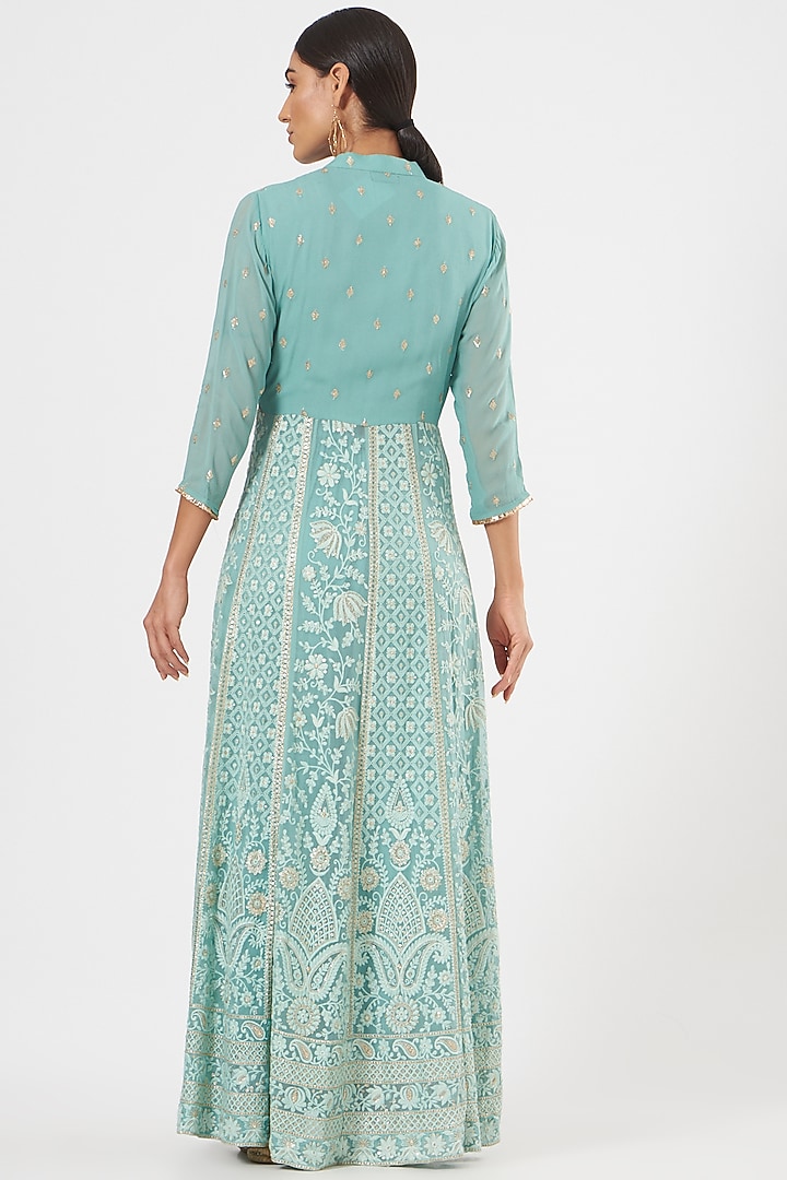 Ice Blue Embroidered Front-Open Jacket Set by Poshak apparels at Pernia's Pop Up Shop