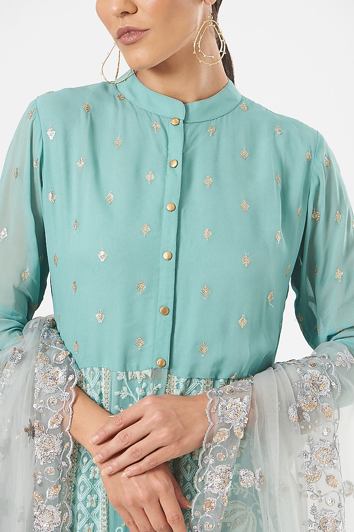 Ice Blue Embroidered Front-Open Jacket Set by Poshak apparels at Pernia's Pop Up Shop