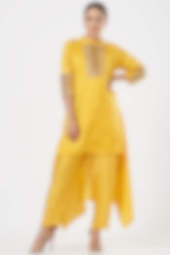 Dandelion Yellow Embroidered Asymmetrical Tunic Set by Poshak apparels