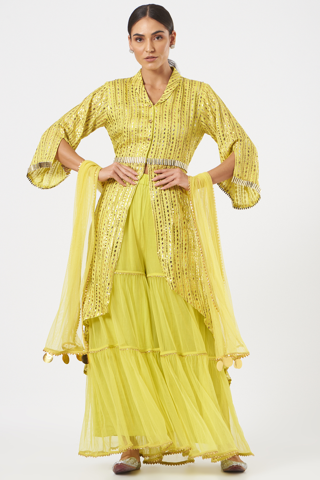Parrot Green Crepe Chinon Layered Gharara Set by Poshak apparels