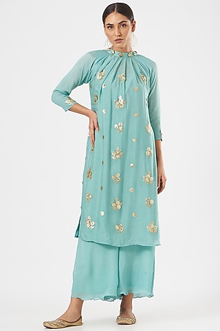 Ice Blue Embroidered Long Kurta Set by Poshak apparels