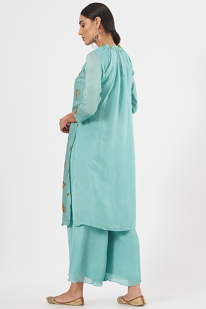Ice Blue Embroidered Long Kurta Set by Poshak apparels at Pernia's Pop Up Shop