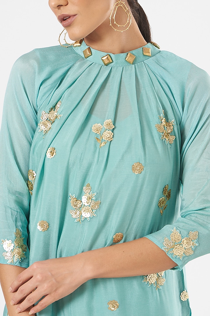 Ice Blue Embroidered Long Kurta Set by Poshak apparels at Pernia's Pop Up Shop
