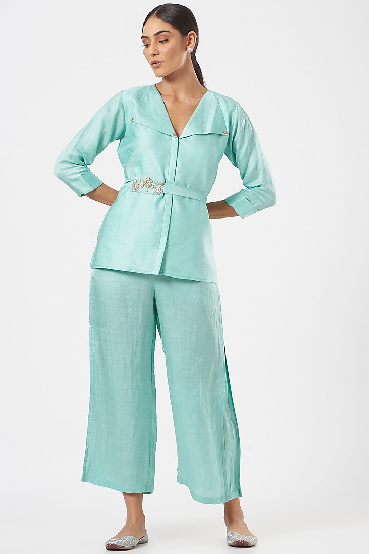 Ice Blue Linen Blend & Silk Short Jacket Set by Poshak apparels