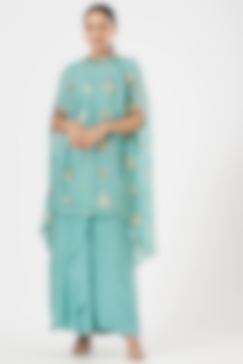Ice Blue Crepe Chinon Pleated Lungi Skirt Set by Poshak apparels