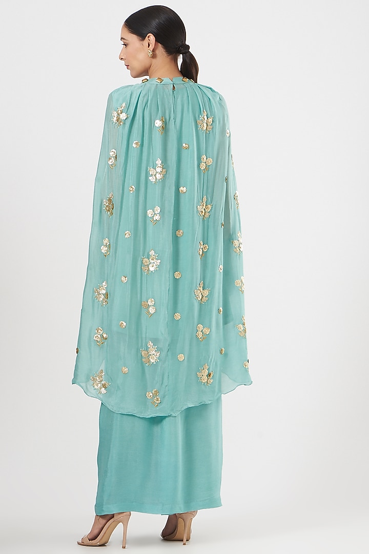 Ice Blue Crepe Chinon Pleated Lungi Skirt Set by Poshak apparels at Pernia's Pop Up Shop