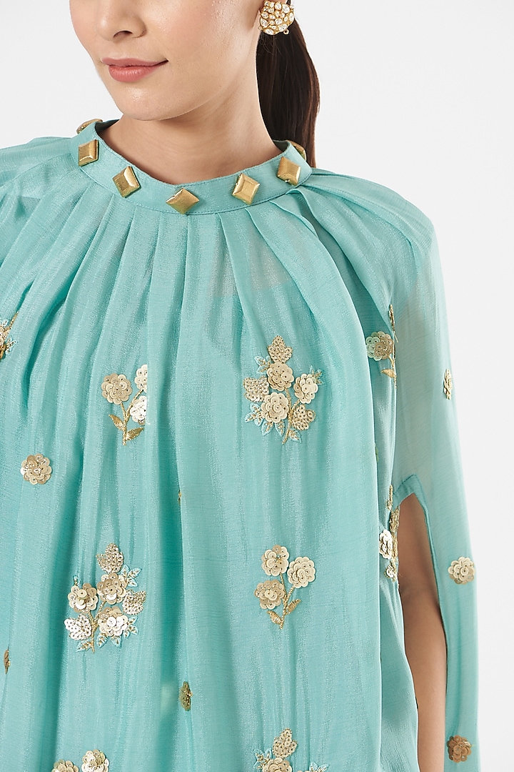 Ice Blue Crepe Chinon Pleated Lungi Skirt Set by Poshak apparels at Pernia's Pop Up Shop
